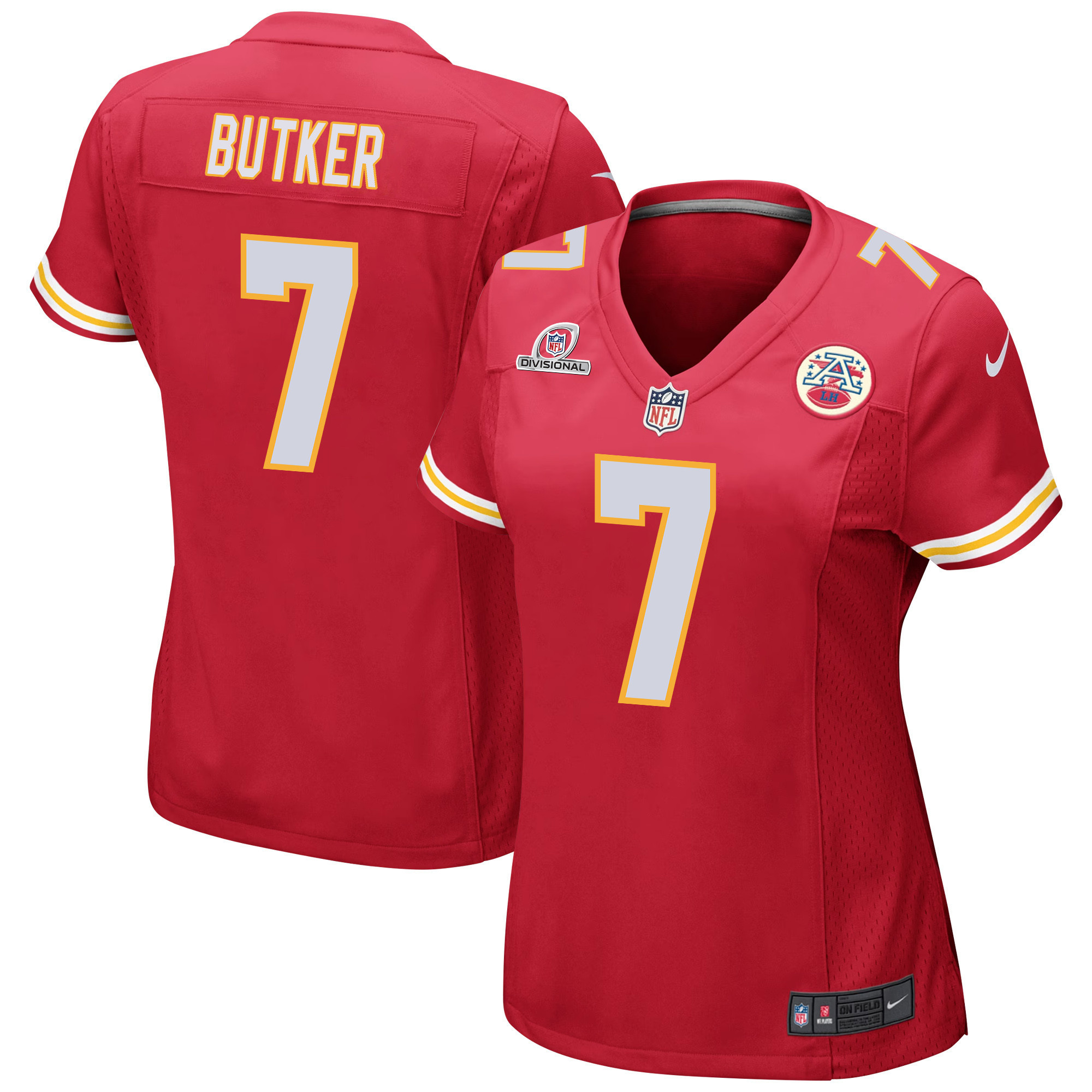 Harrison Butker 7 Kansas City Chiefs 2024 Divisional Patch Game Women Jersey - Red