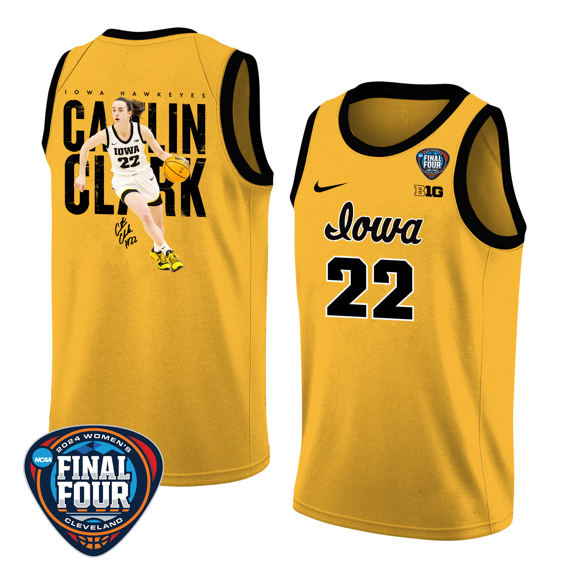 Caitlin Clark 22 Iowa Hawkeyes 2024 Basketball Jersey Graphic - Yellow